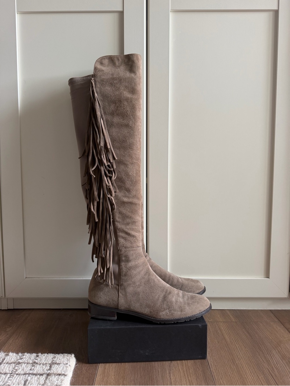 Stuart Weitzman Mane Fringe Taupe Suede Over-the-Knee Boots